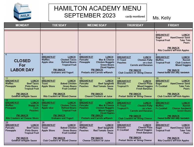 Hamilton Academy CACFP Lunch Calendar Menu Daycare menu September menu